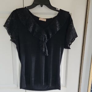 Black Ruffled Tie Front Short Sleeve Blouse